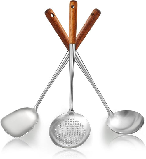 Stainless Steel Wok Utensil Set with Heat-Resistant Wood Handles