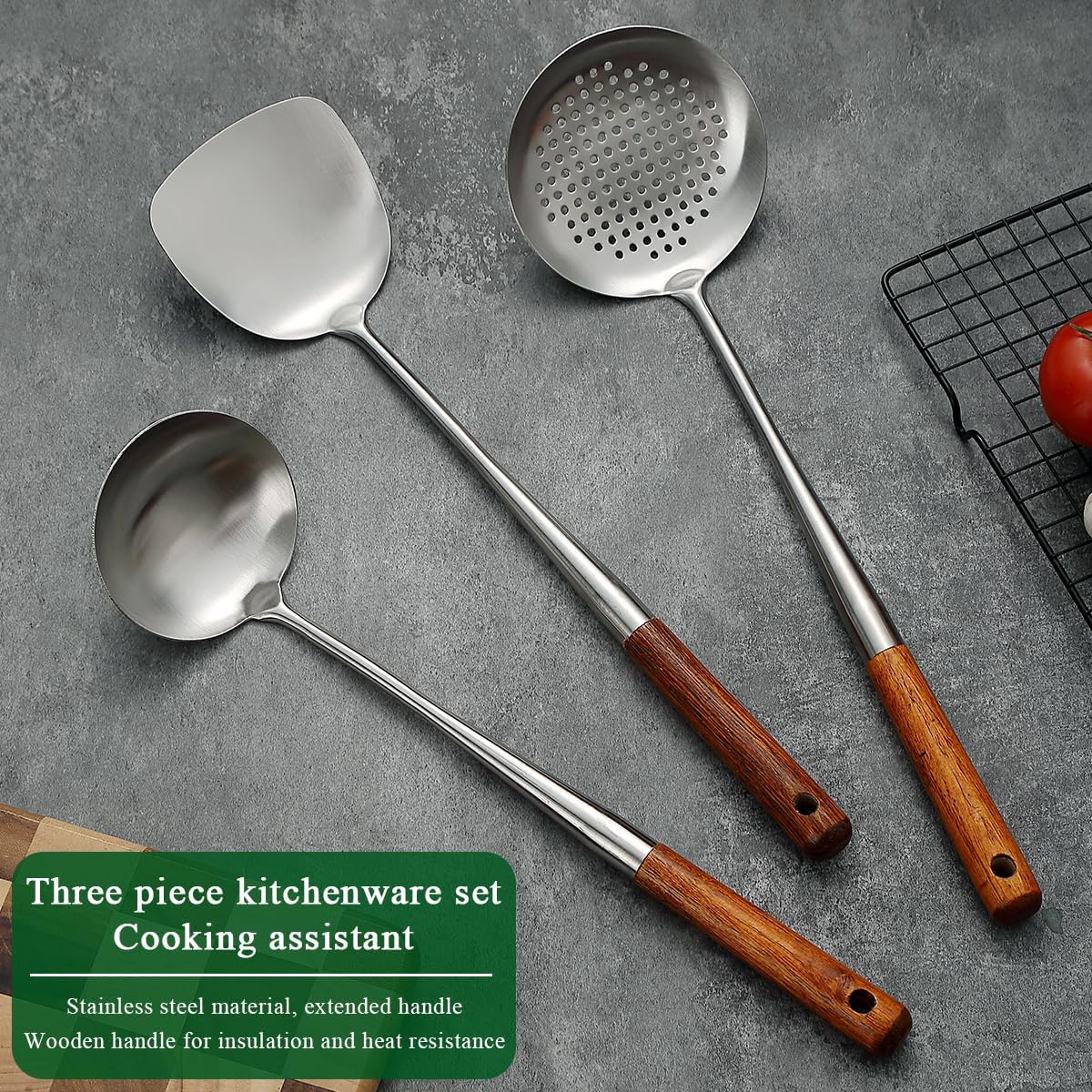 Stainless Steel Wok Utensil Set with Heat-Resistant Wood Handles